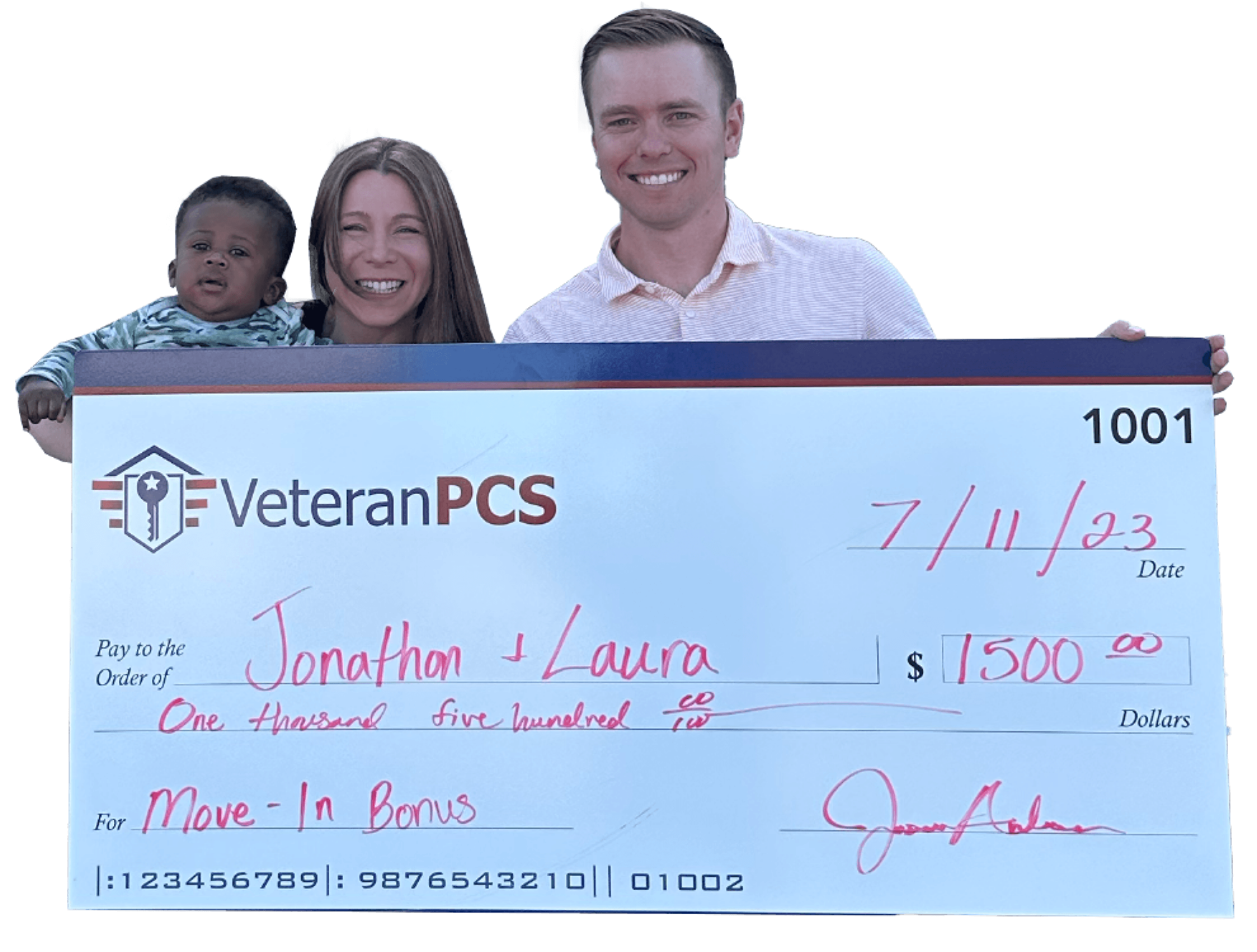 VeteranPCS move-in bonus check presented to a military family