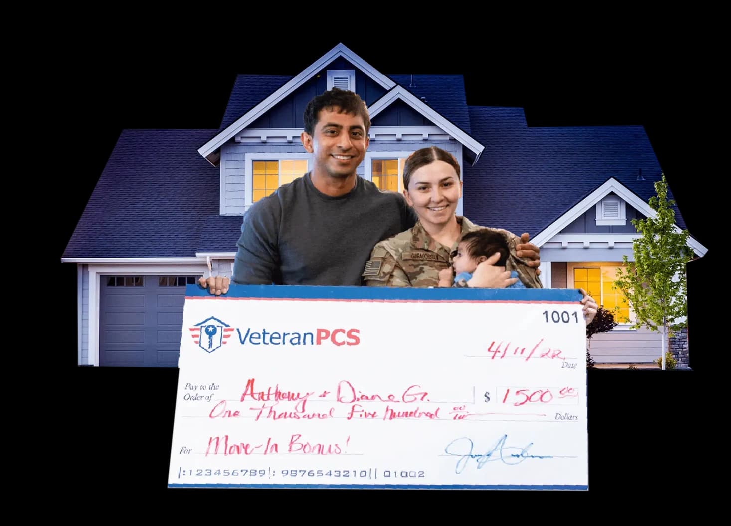 Military family holding their VeteranPCS move-in bonus check in front of their home