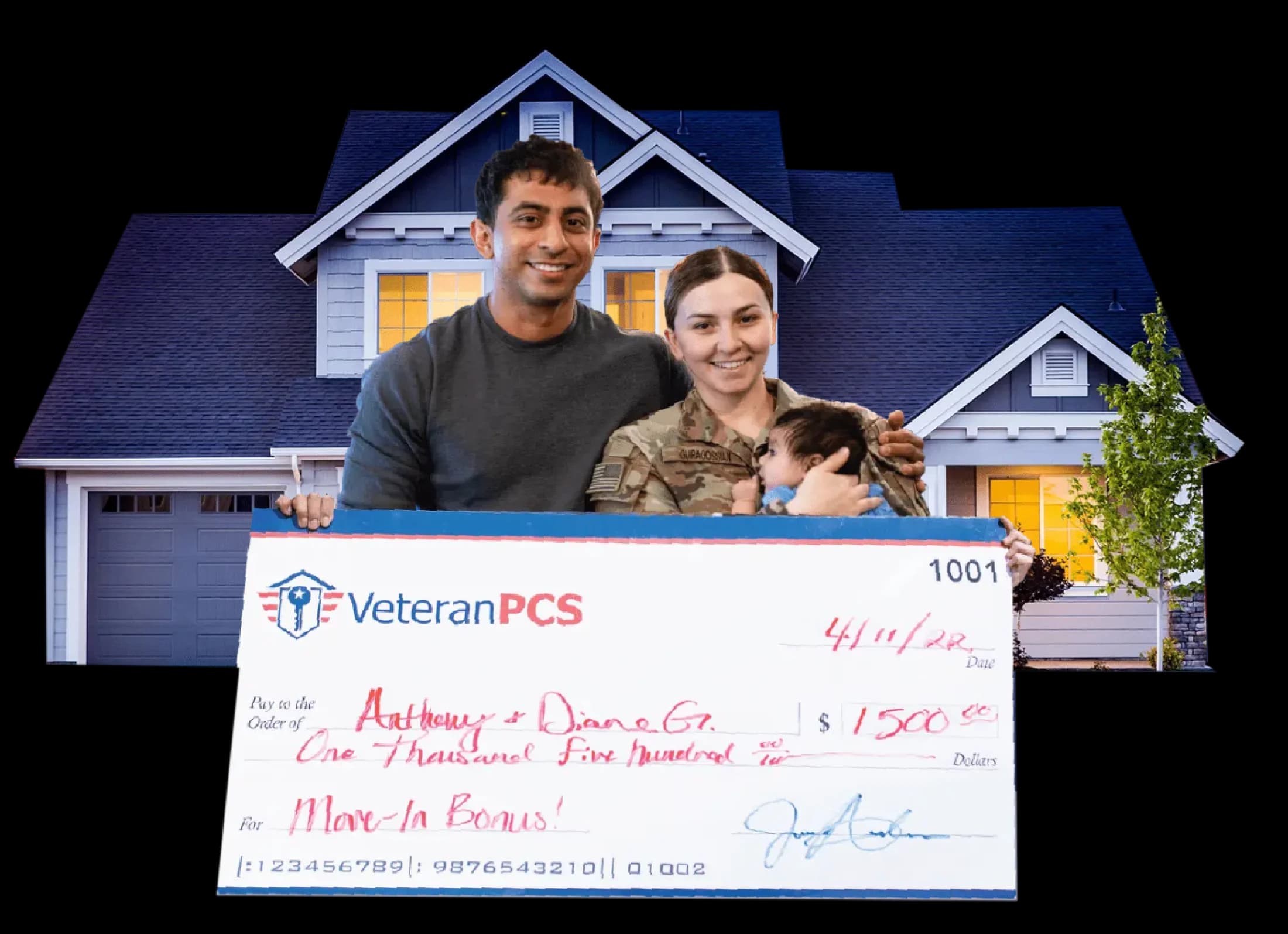Military family holding their VeteranPCS Bonus check in front of their home