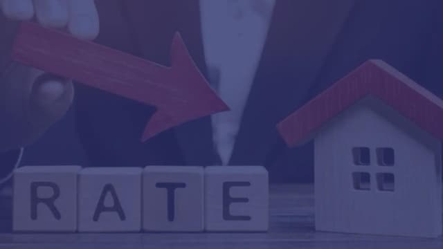 An image of a house with "rate" in front of it an a down arrow indicating lower interest rates.